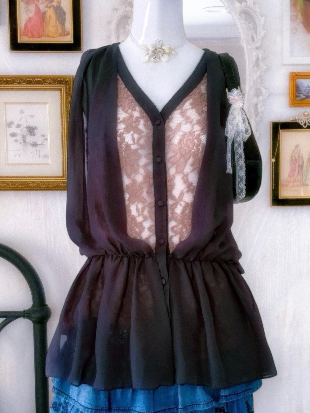 Coquette whimsigoth boho girly dusty rose sheer lace dark grey chiffon blouse